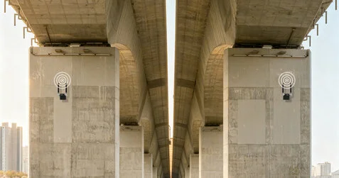 BeanAir Wilow® AX-3D WiFi wireless IoT vibration sensor installed on a bridge for structural health monitoring (SHM)